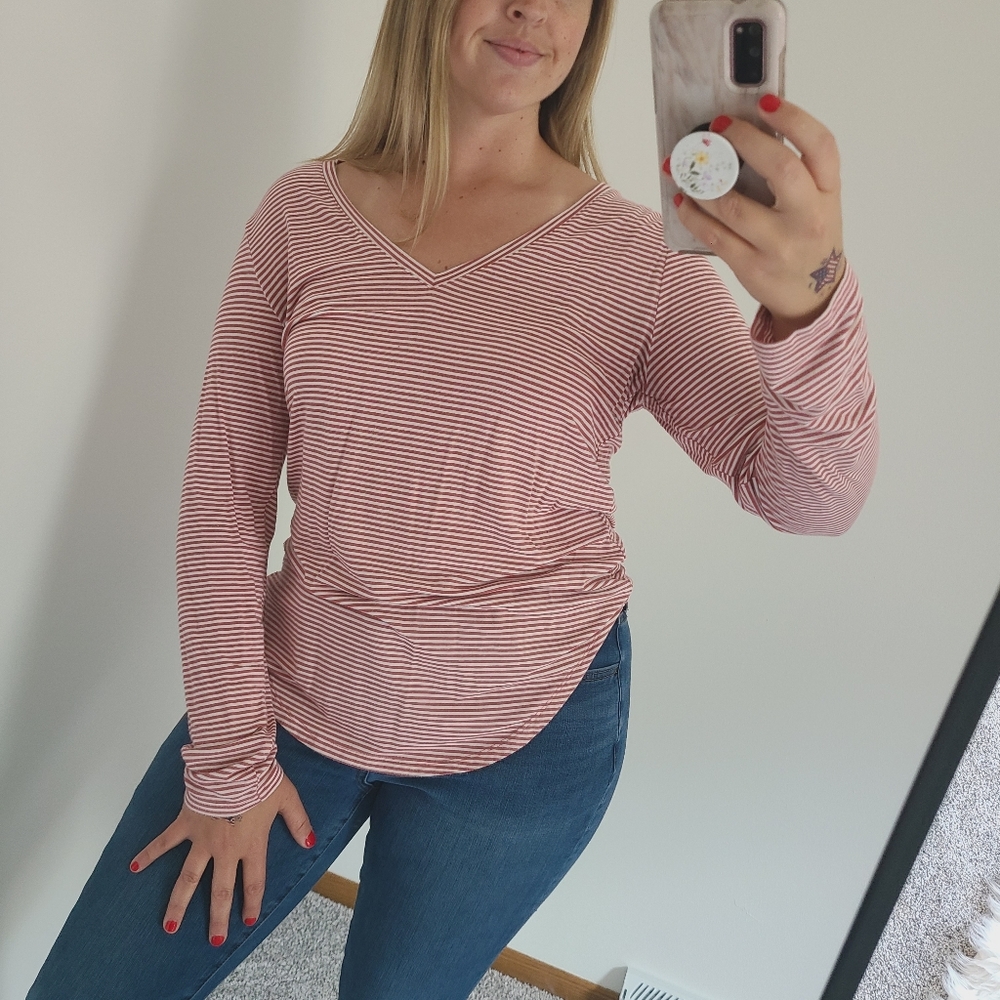 Old Navy Striped Pink And White V-Neck Long Sleeve Top